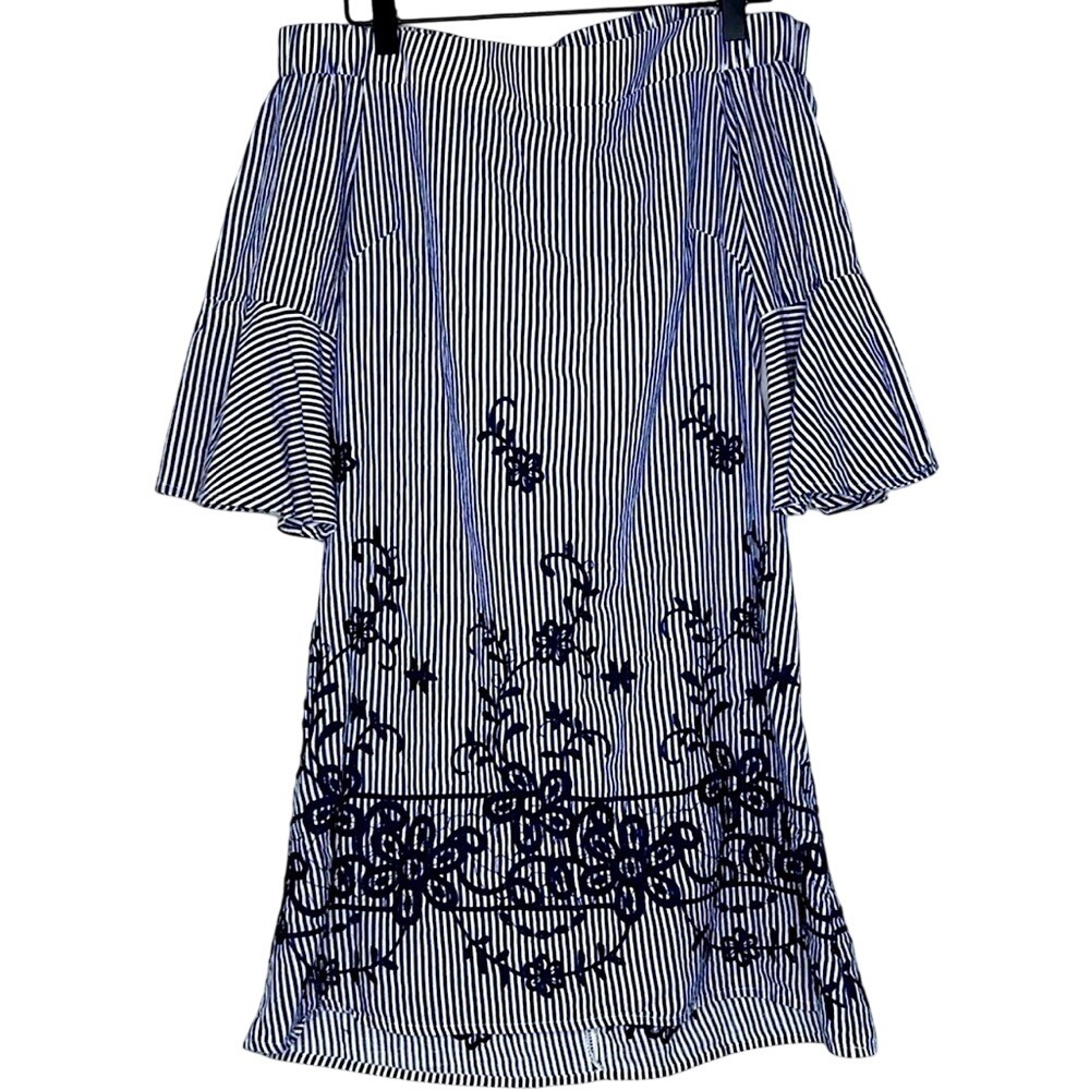 Off Shoulder Striped Floral Boho Mini Dress S Blue White Embroidered Bell Sleeve